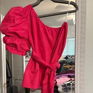 Red One-Shoulder Top with Puff Sleeve